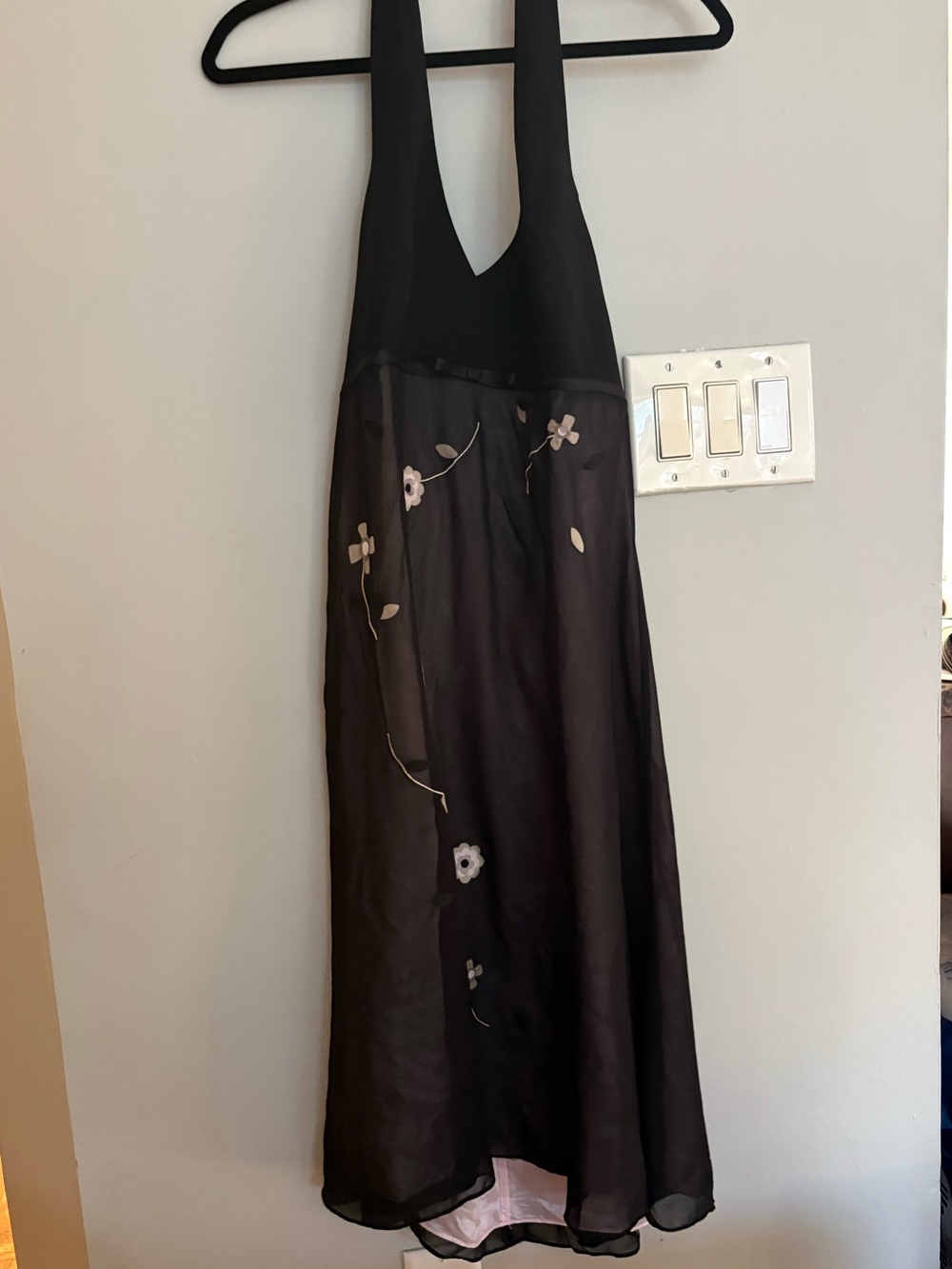 Ballerina inspired Black Halter Floral Embroidered Midi Dress wedding guest dres